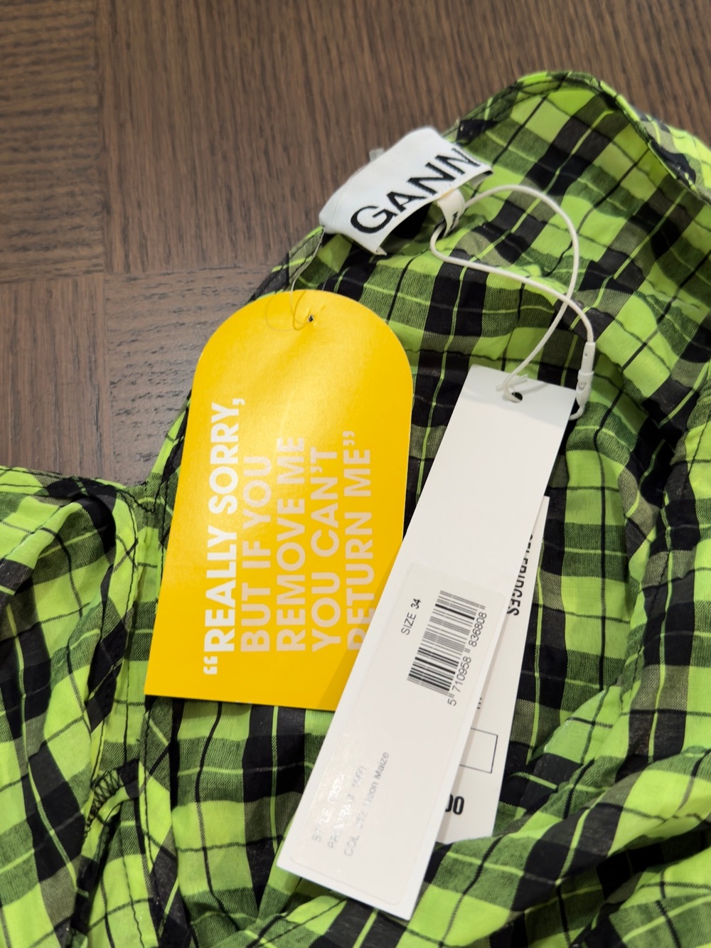 Ganni Neon Green Check Puff-Sleeve Mini Dress - Picture 10 of 10